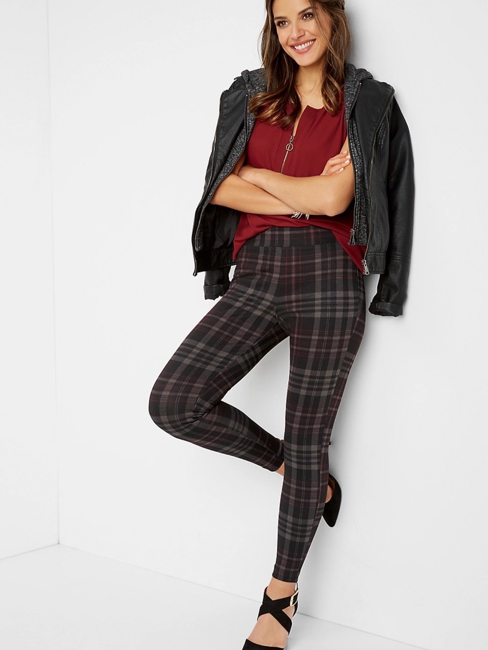 Maurices Burgundy Plaid Bengaline Skinny Ankle Dress Pant